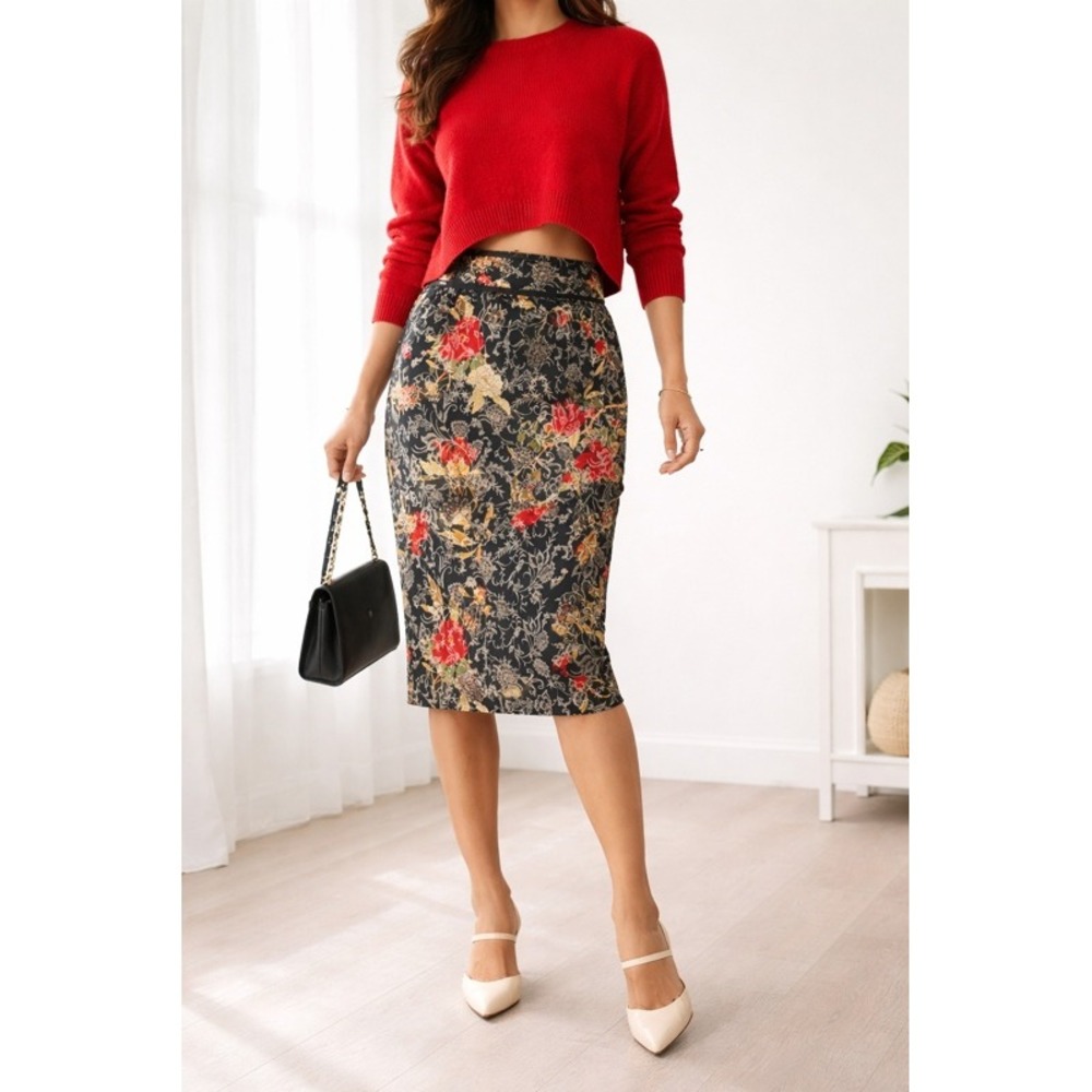 Antonio Melani Floral Pencil Skirt‎ Black Multi Size 4 Belted NWOT
